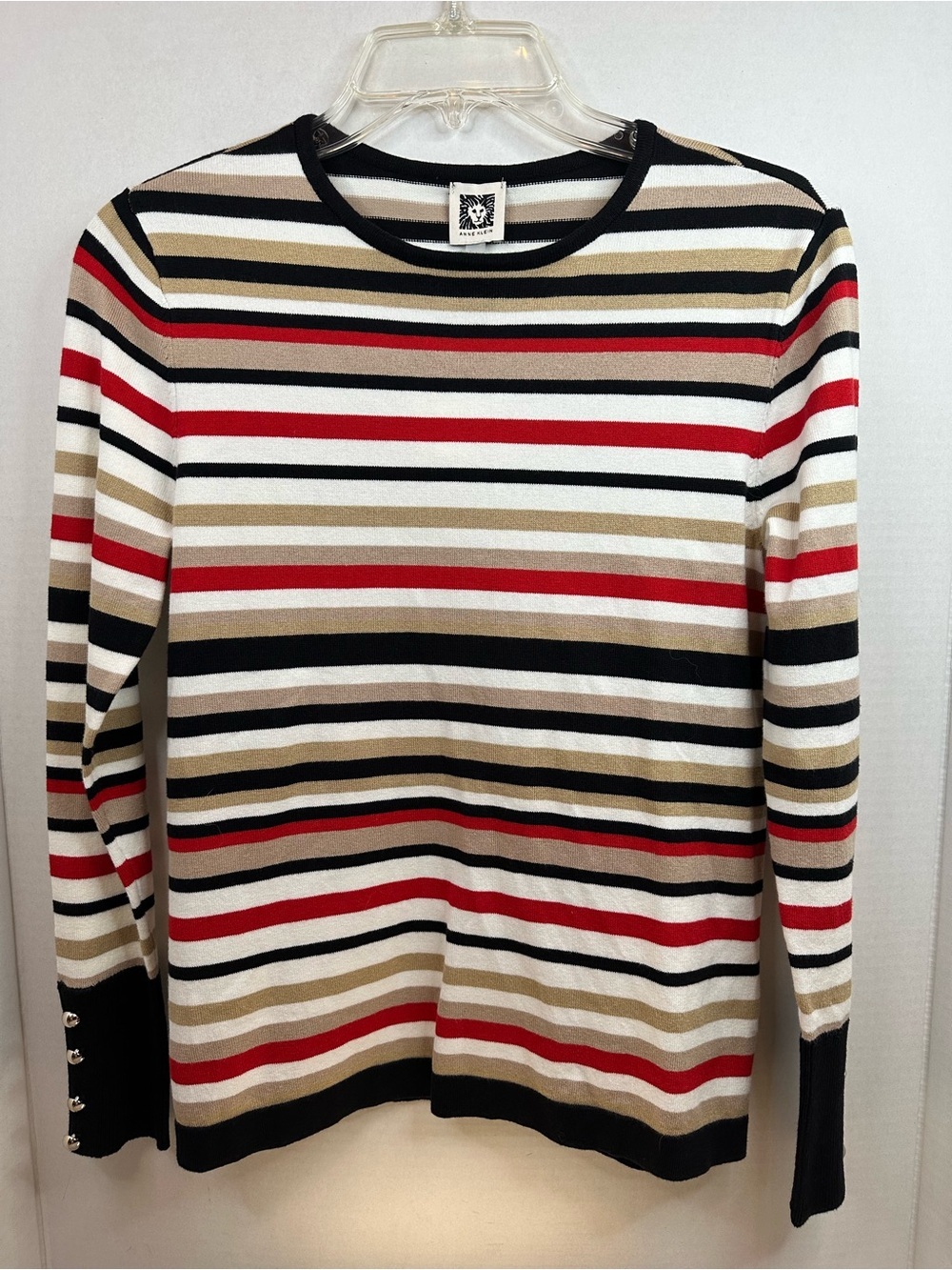 Anne Klein Striped Crewneck Sweater in Black, Red, Tan, White